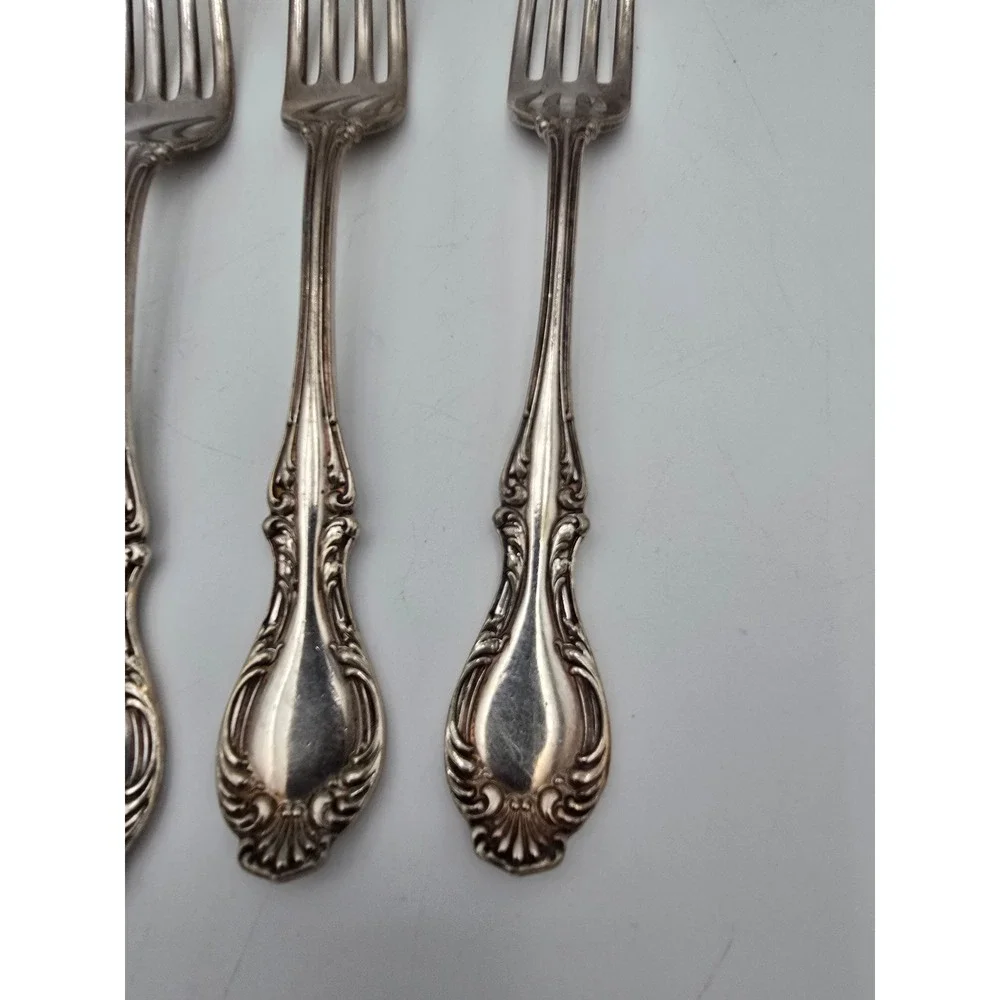 4 Antique Wilcox Silver Plate Co JOANNE forks Ornate Scroll XII Edwardian